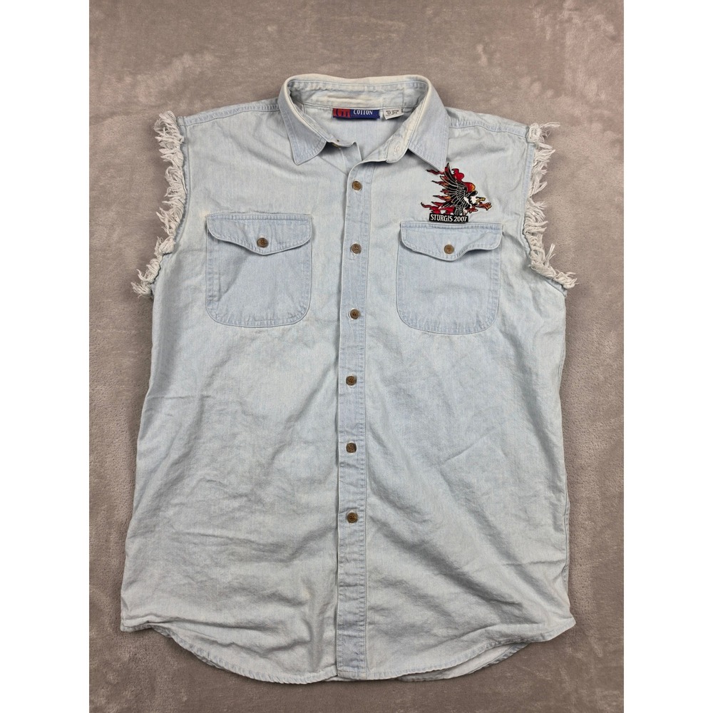 Cotton Heritage Denim Vest Mens M Light Blue Sturgis 2007 Biker Frayed Cutoff